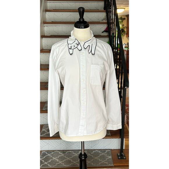 Choies Tops - Embroidered Collar White Button Down Shirt (Cute cat) – Size XL